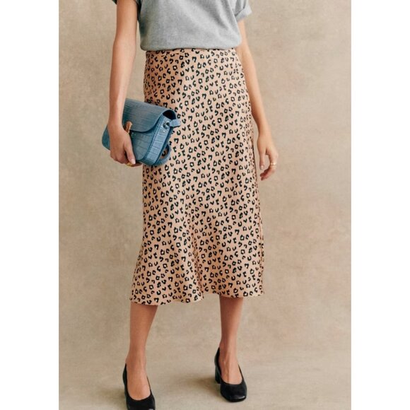 NWT Sezane Sandy in Leopard Spotted Satin A-line Midi Skirt 38 / 6 - Picture 1 of 6